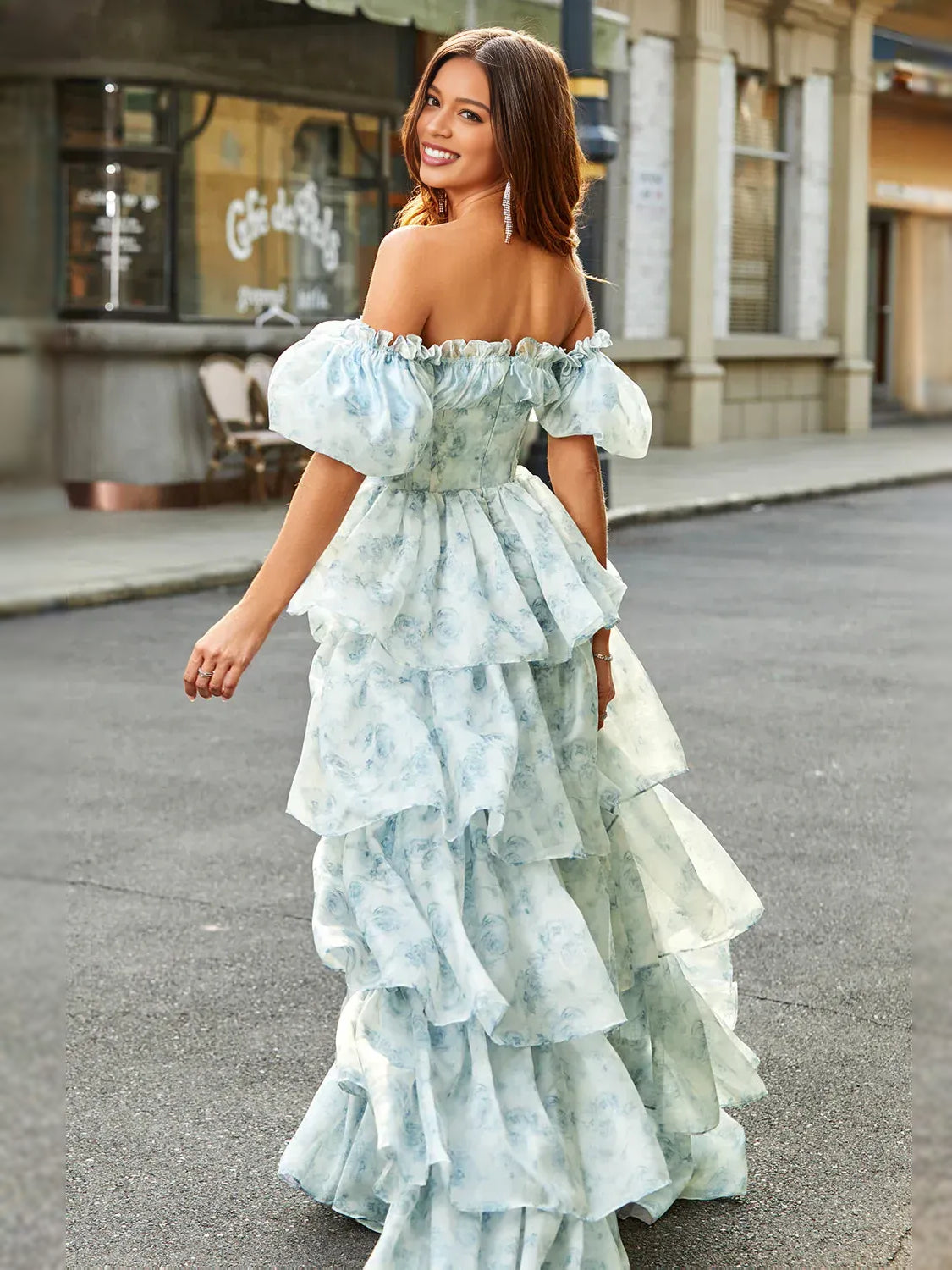 Light blue floral tiered ruffle dress, off-shoulder square neckline, angled side view