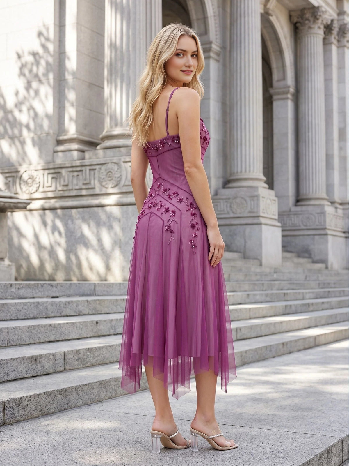 Purple ruched V-neck A-line midi tulle dress with beaded floral appliques, sleeveless