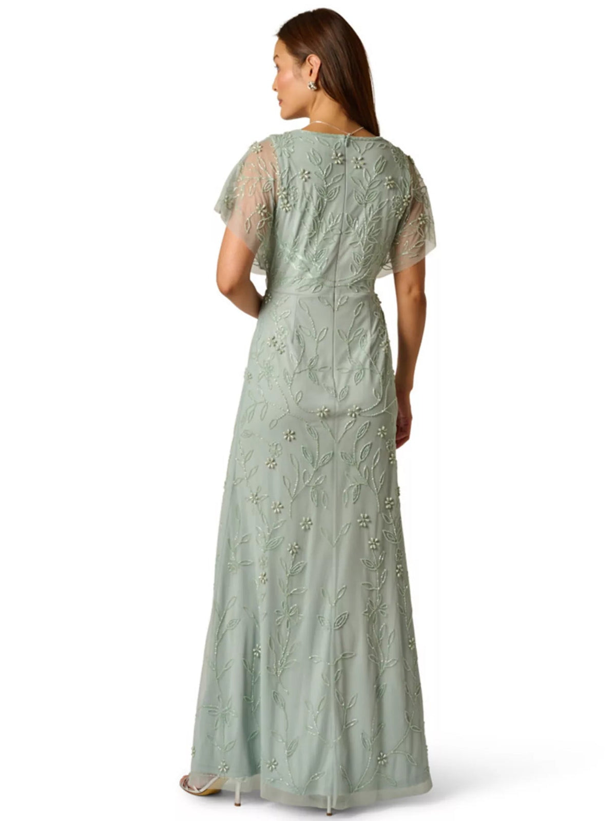 Dusty sage beaded floral V-neck A-line high-low dress, back view