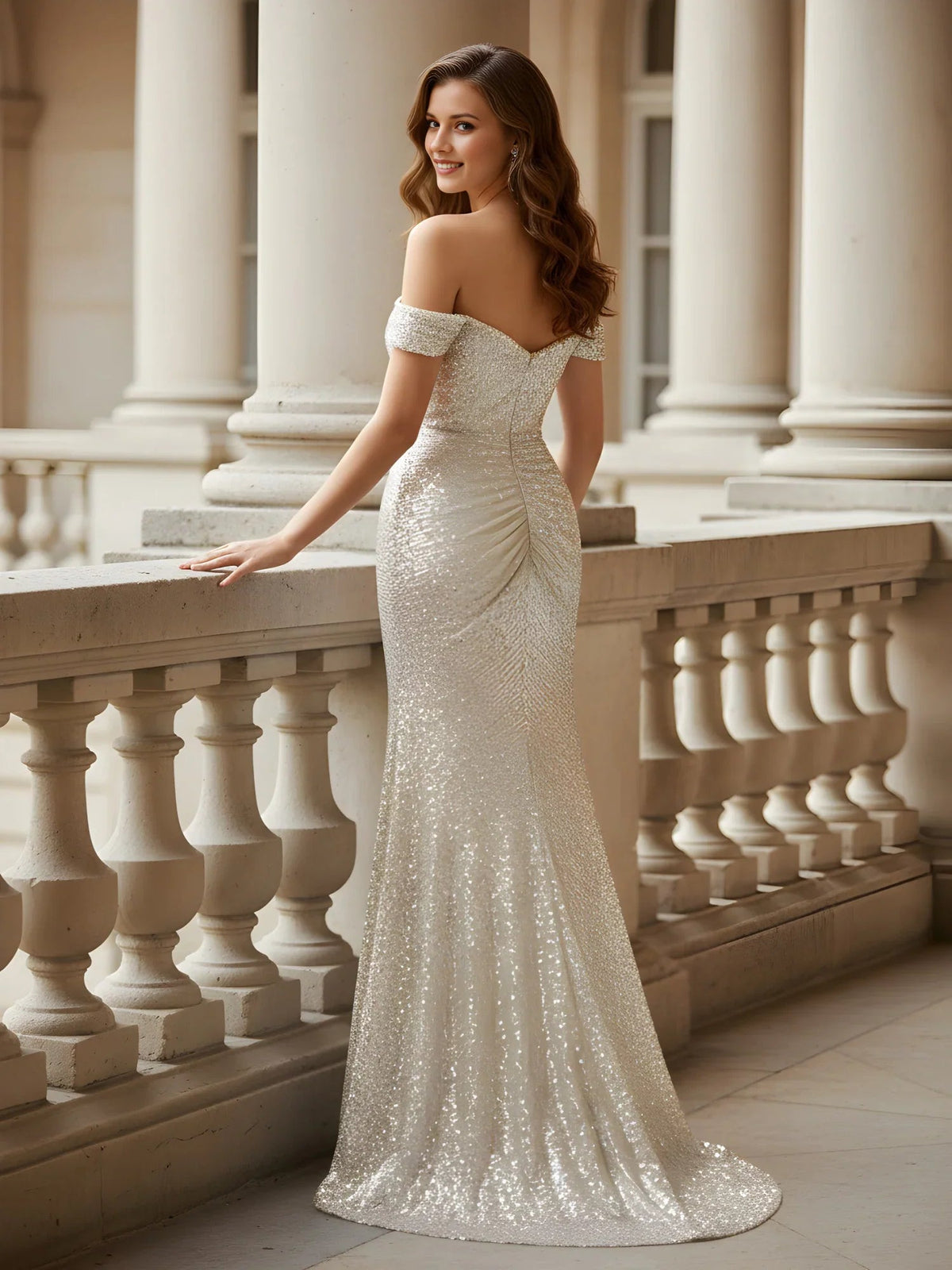 Champagne sequin mermaid prom dress, off-shoulder sweetheart bodice, side view