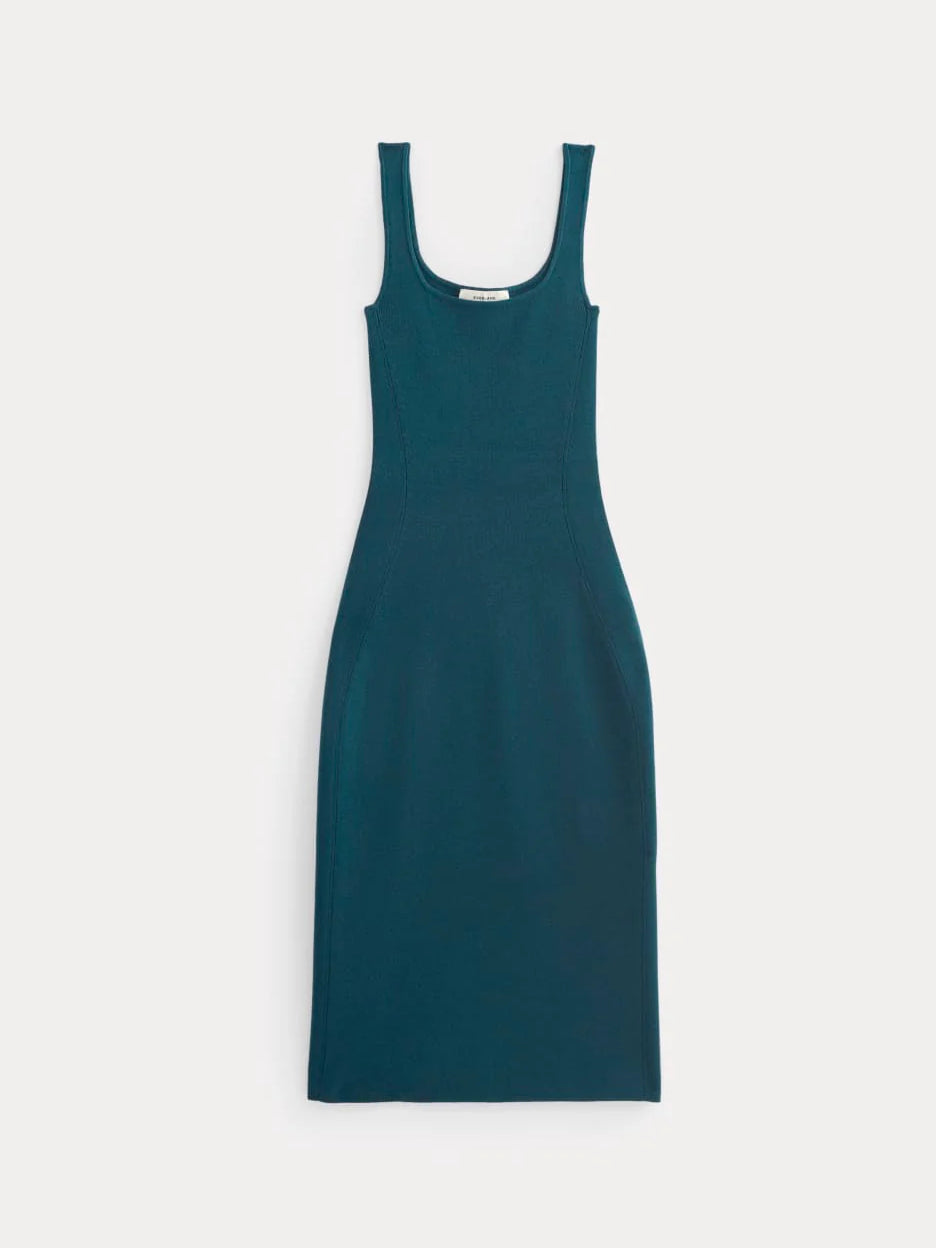 Teal sleeveless square-neck midi knit dress with straight hem