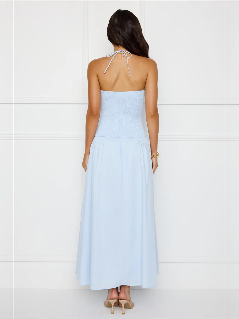 Blue a-line maxi formal dress with a-line, full-length back view