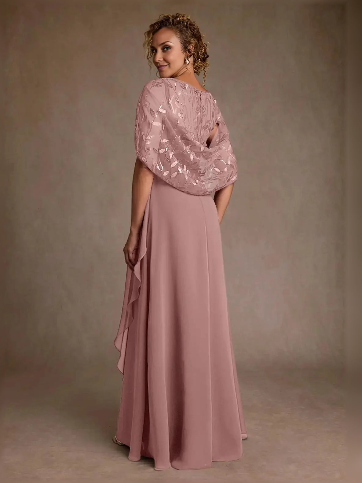 Dusty rose embroidered cap-sleeve A-line maxi chiffon dress, side view with draped skirt
