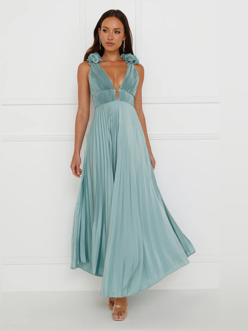 Sage satin midi formal dress with pleated skirt and V-front detail, ruffled shoulders