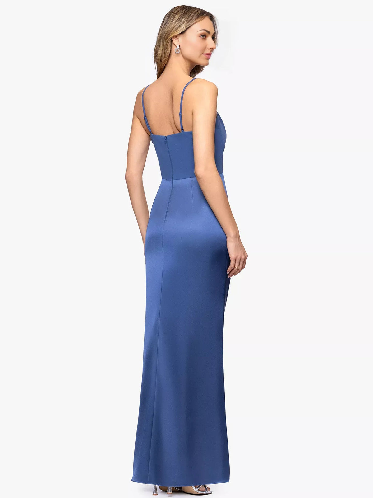 Slate blue column dress with spaghetti straps, open back, and side slit