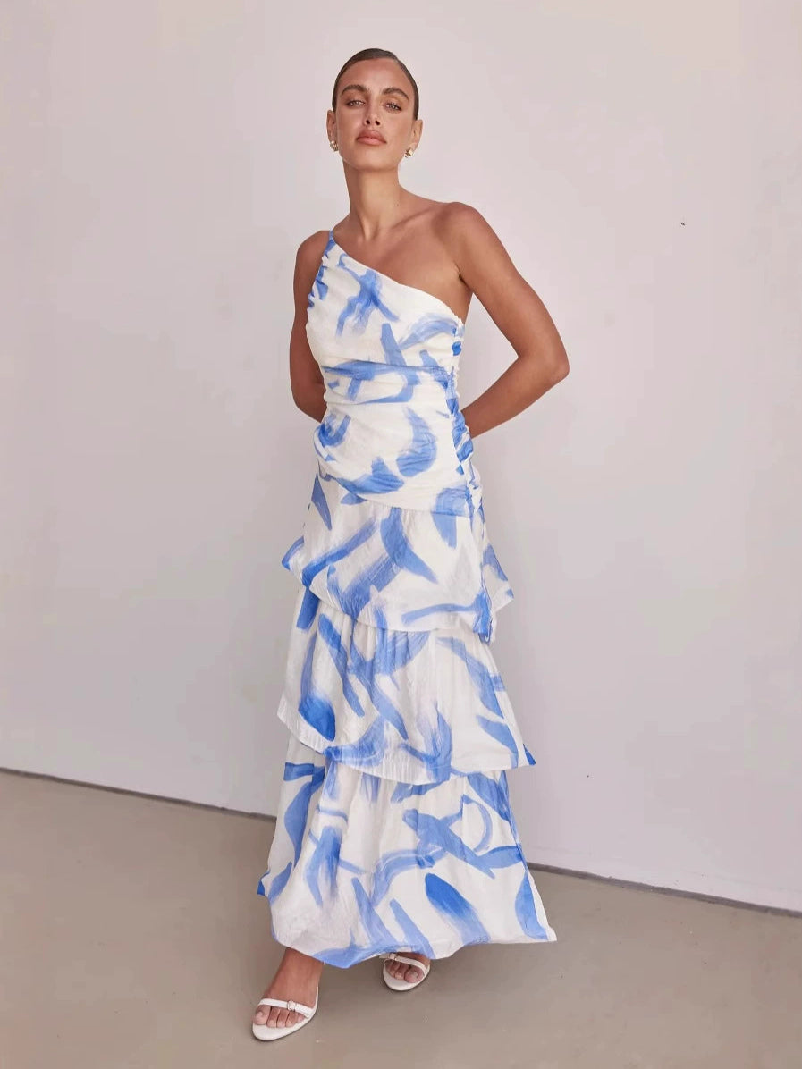Ivory Blue Floral Print a-line maxi formal dress with one-shoulder neckline, alternate full-length view