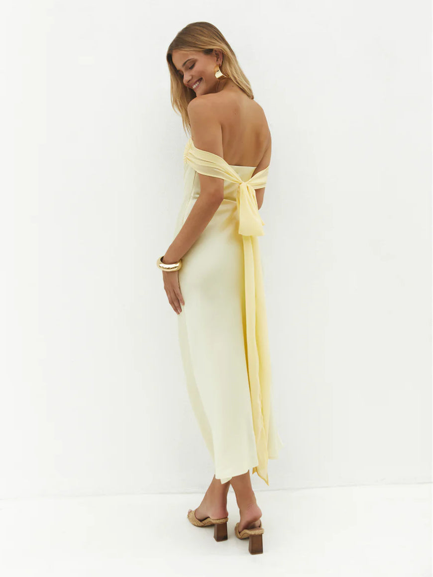 Yellow midi formal dress, back full-length view showing the bodice