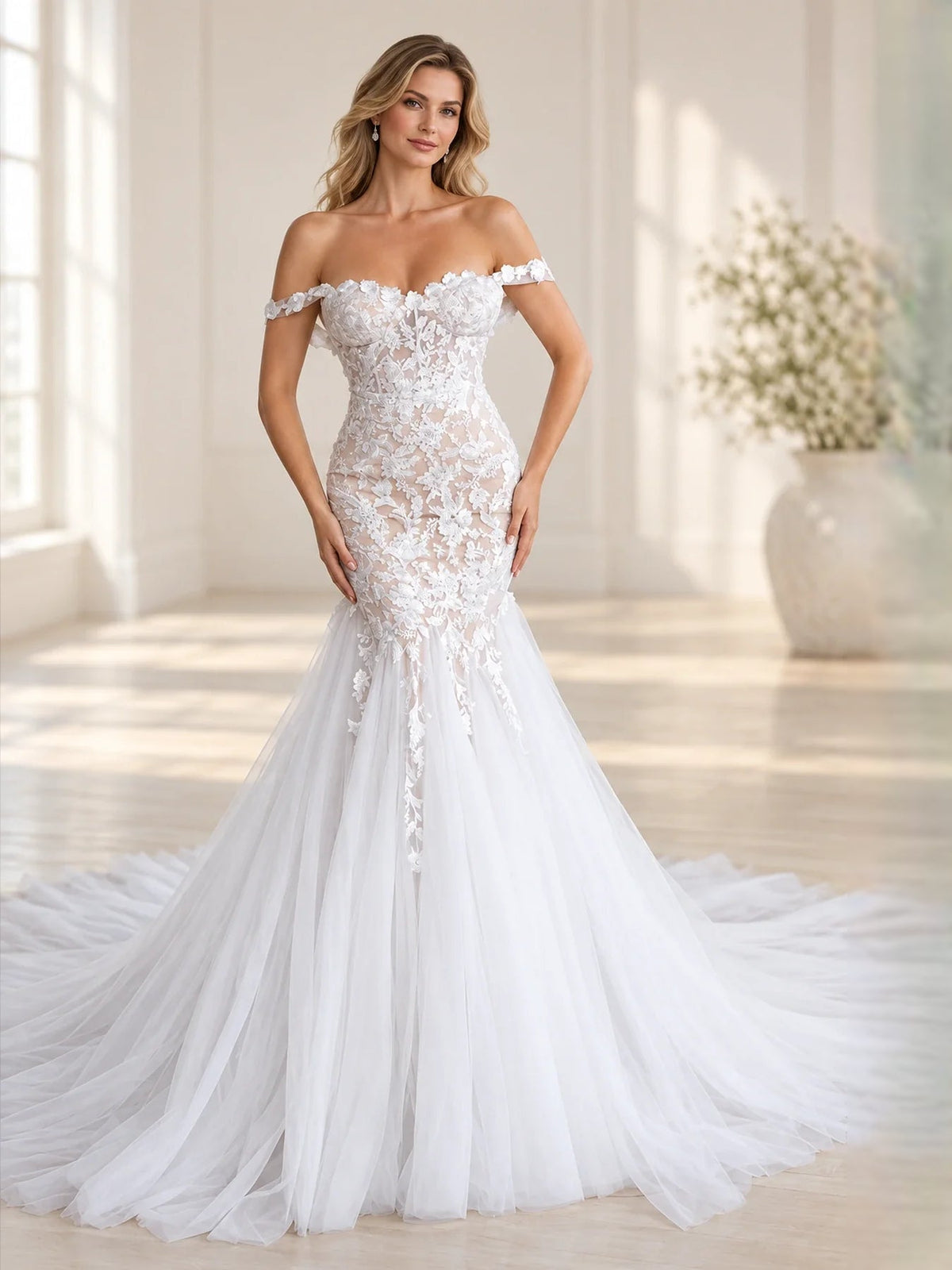 White off-shoulder wedding dress with sweetheart neckline, floral lace appliques, mermaid train