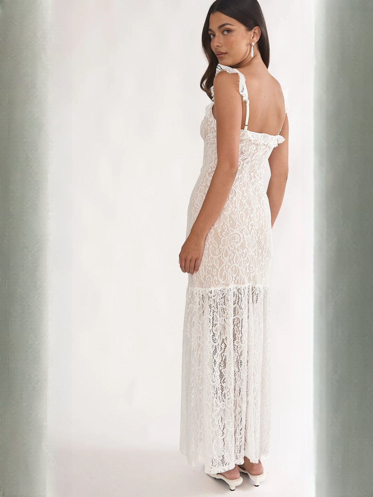 White sheath maxi formal dress with sheath, full-length back view