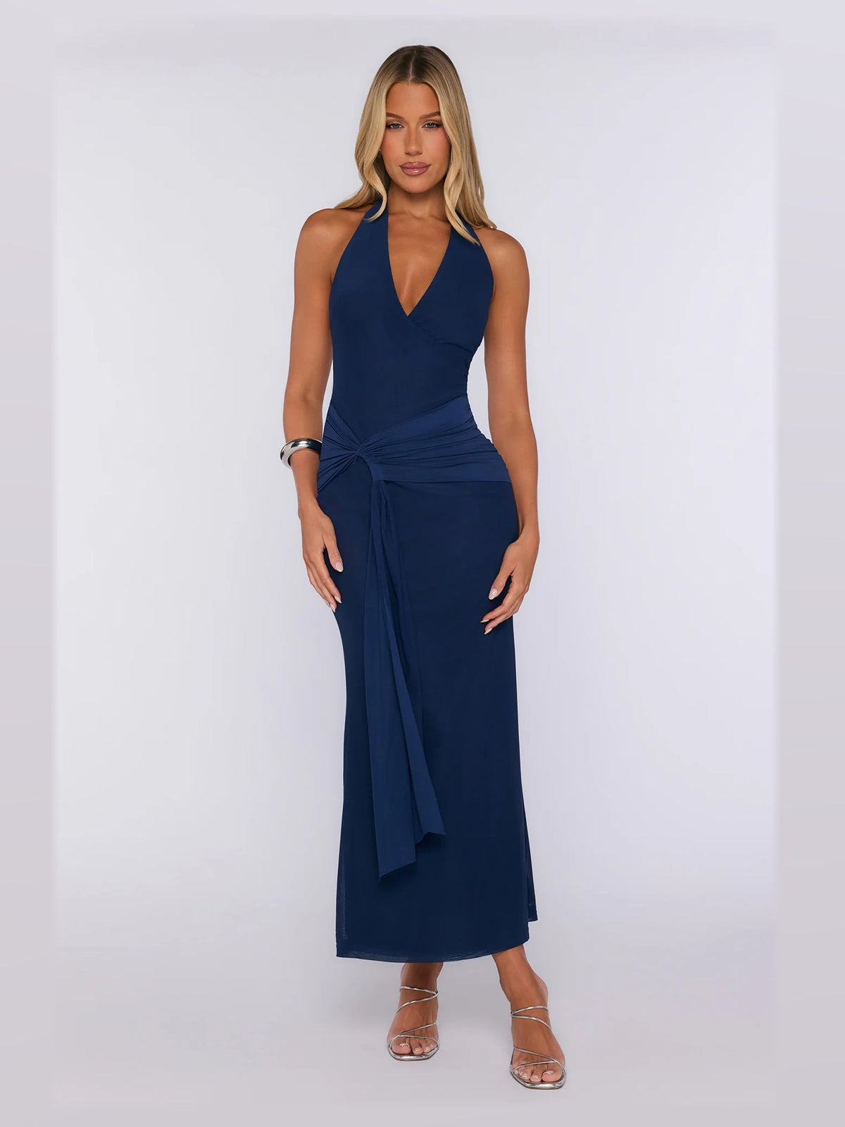 Navy formal dress with halter neck neckline