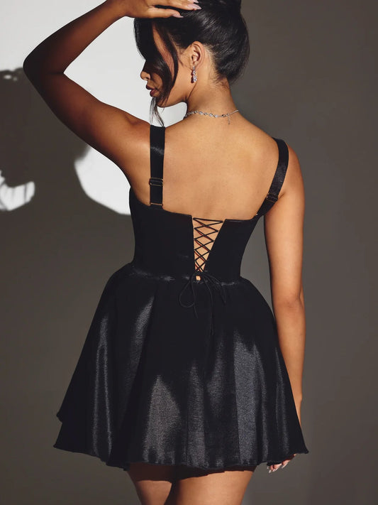 Black corset mini homecoming dress, lace-up corset back with crisscross detail