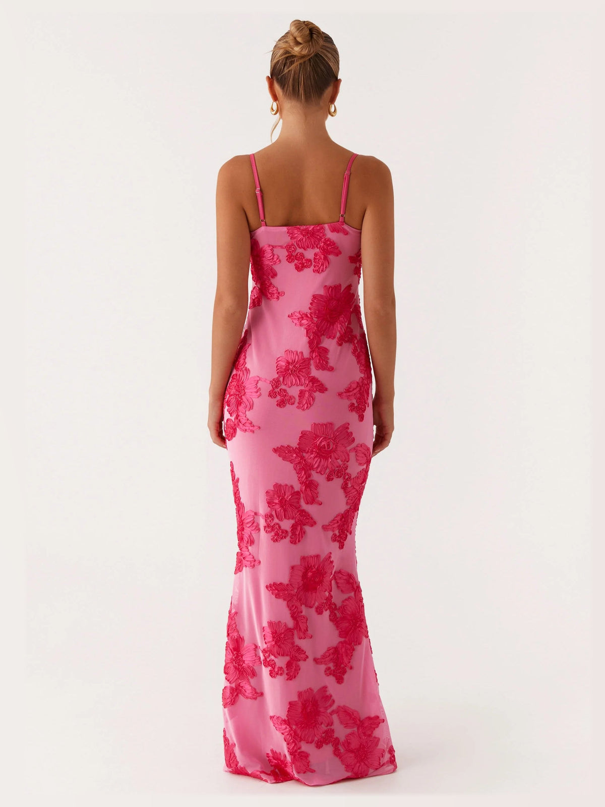 Pink maxi formal dress, back full-length view showing the bodice