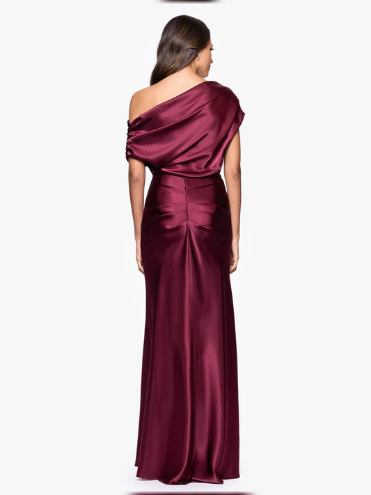 Burgundy satin one-shoulder draped mermaid floor-length dress, back view