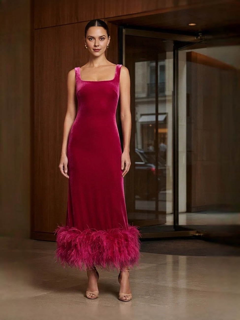 Fuchsia velvet square-neck sleeveless midi mermaid prom dress with feather-trim hem