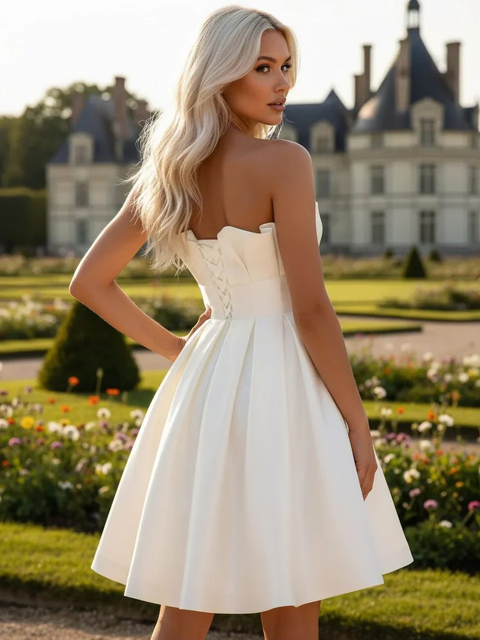Ivory strapless satin mini A-line dress with pleated skirt