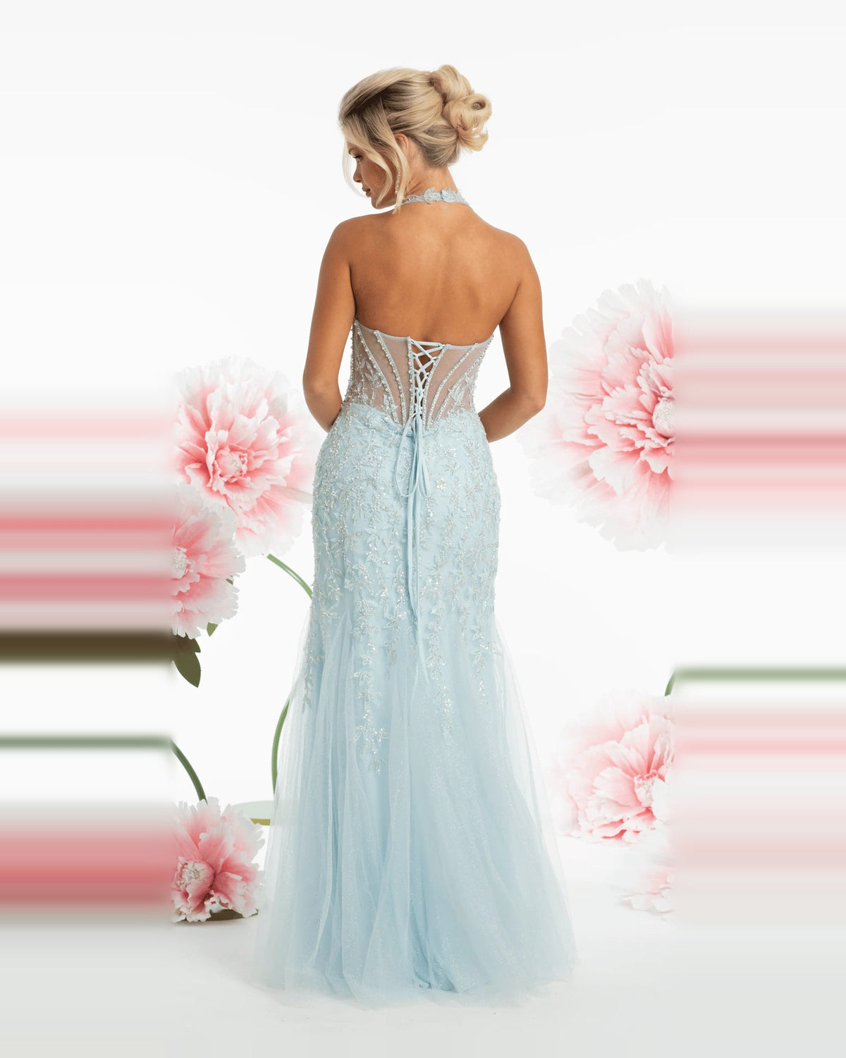 Light blue backless halter corset mermaid maxi prom dress with pearl lattice back