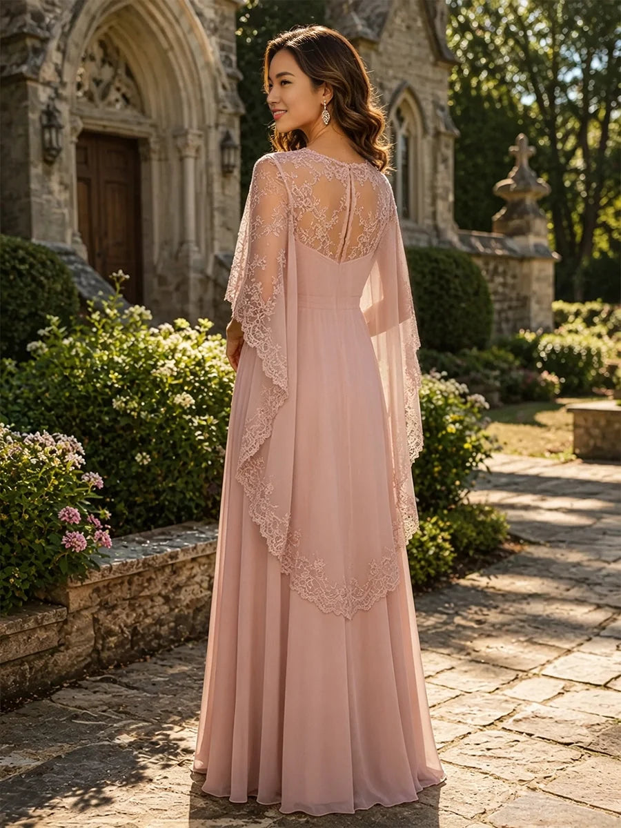 Dusty rose chiffon A-line floor-length dress with bateau neckline and lace back detailing