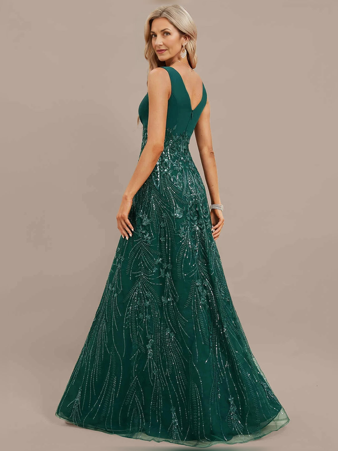 Dark green sleeveless V-neck beaded tulle A-line maxi dress with V-back and thigh slit
