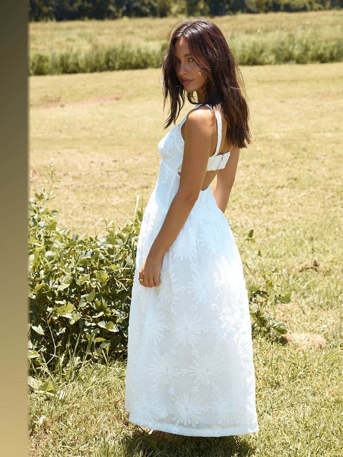 White midi formal dress, back full-length view showing the bodice