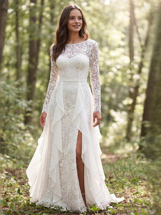 Ivory lace A-line wedding dress with bateau neck, long sleeves, layered chiffon skirt and slit