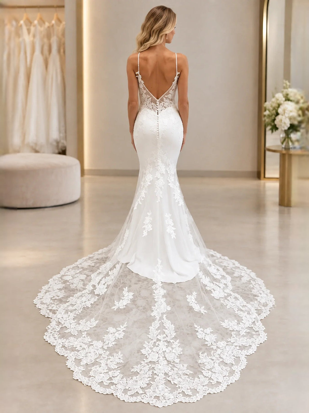 White lace mermaid wedding dress with spaghetti straps, backless V-neck, and long train