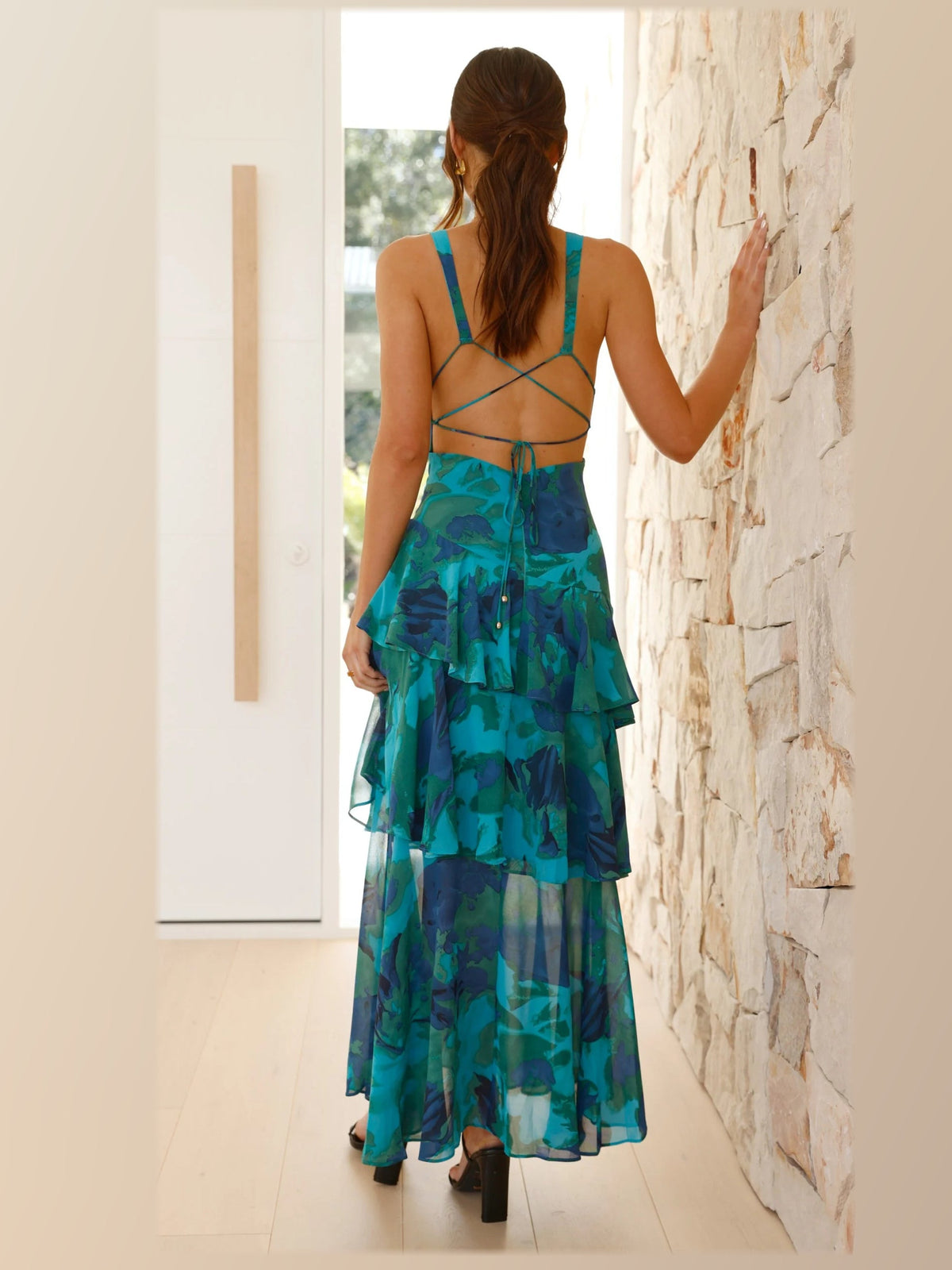 Blue Green Print maxi formal dress, back full-length view showing the bodice