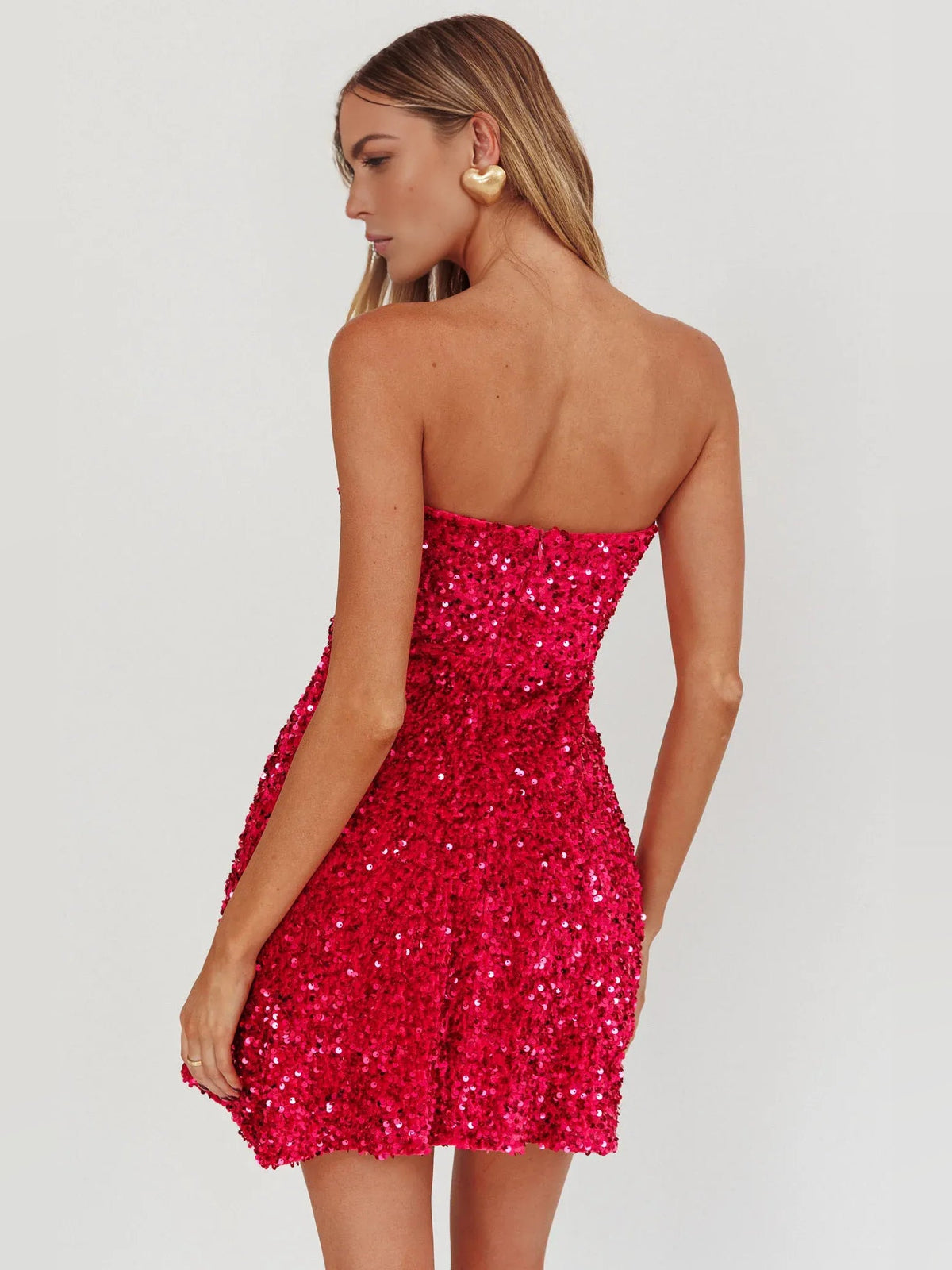 Red strapless sequin mini dress, open back with ruched waist