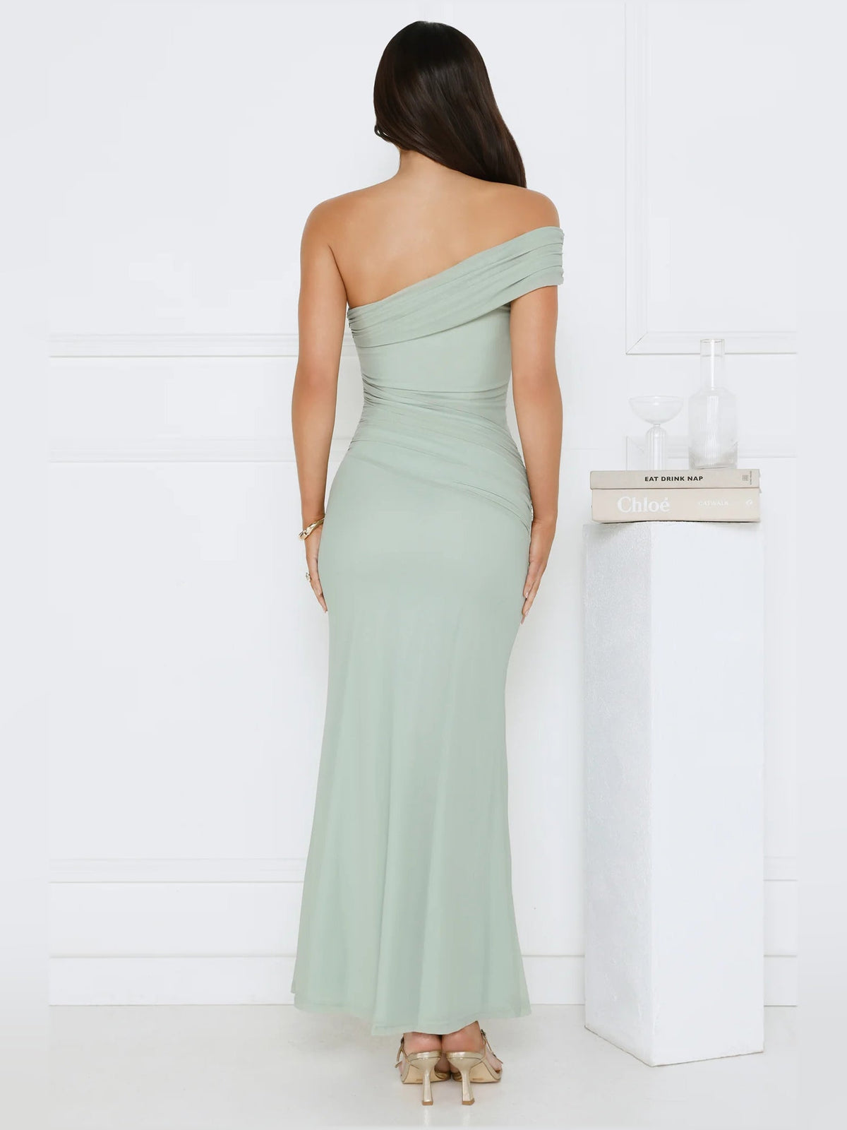 Sage sheath maxi formal dress with sheath, full-length back view