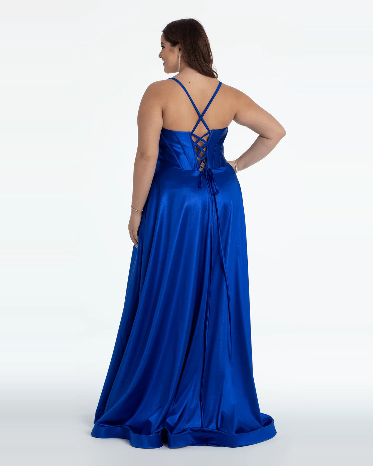 Blue corset ball-gown prom dress with crisscross lace-up open back and thin straps