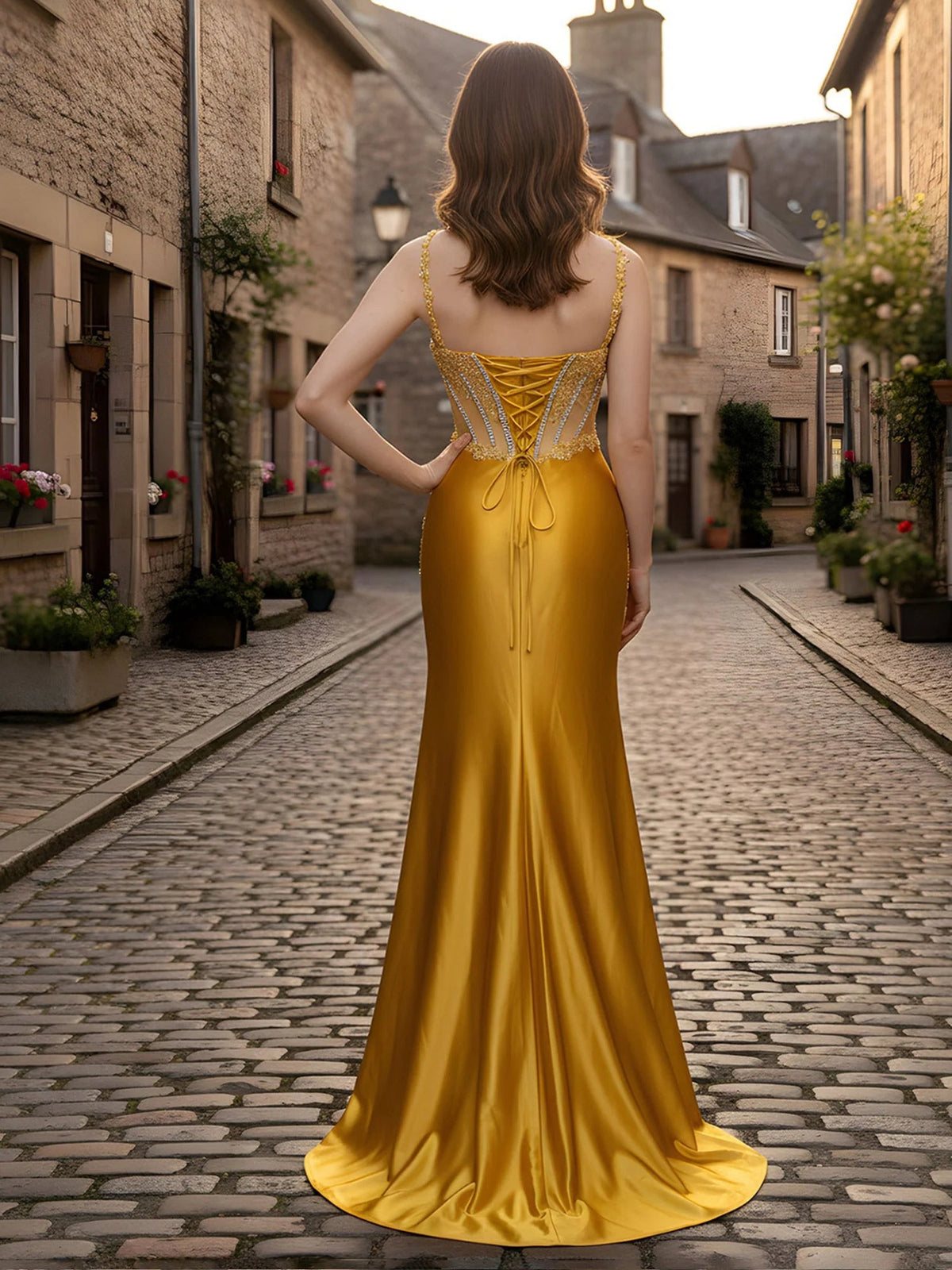 Marigold corset back formal dress, strappy satin with lace-up detail