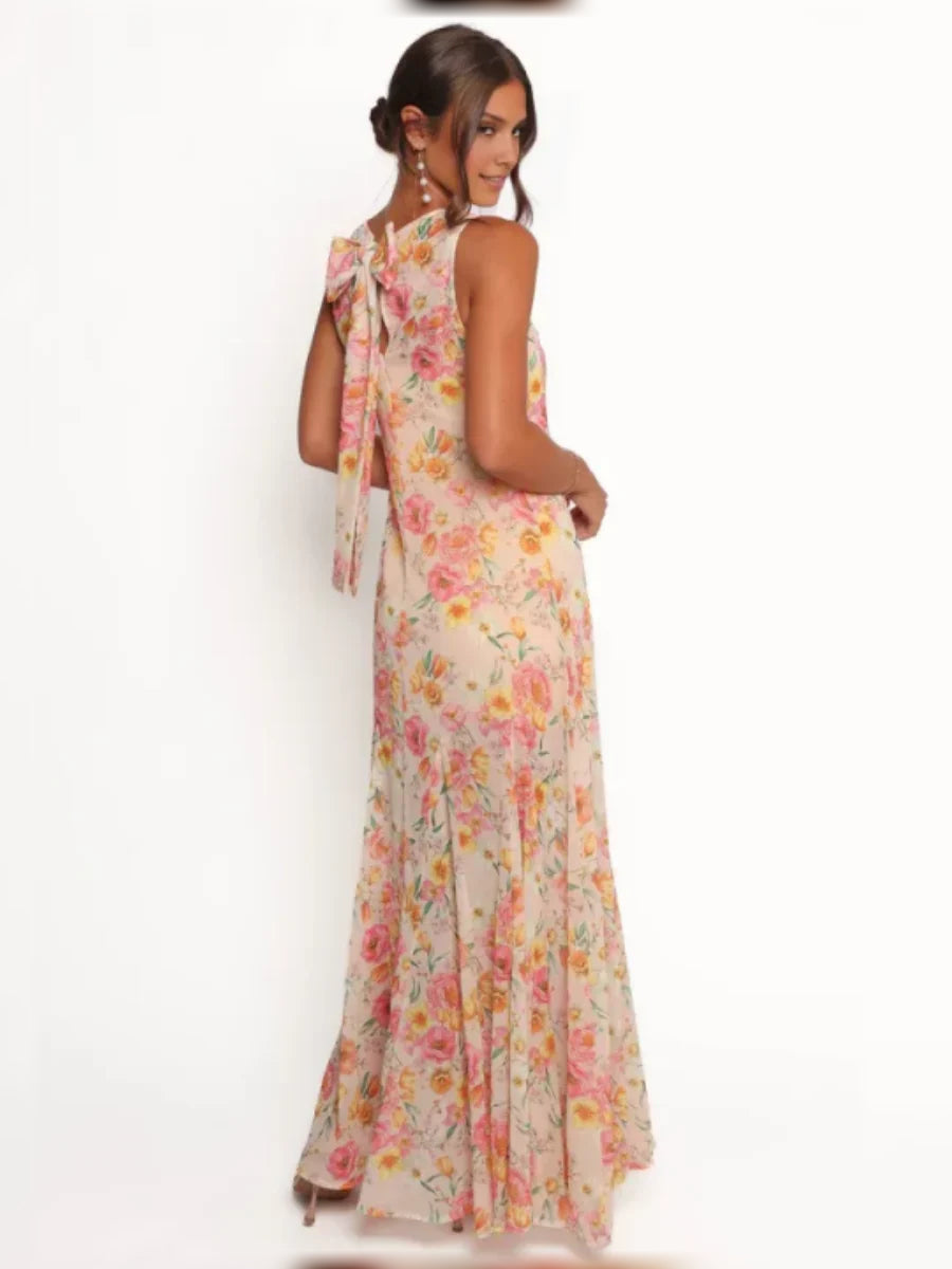 Floral A-line chiffon formal dress, side view, sleeveless round neckline, blush print