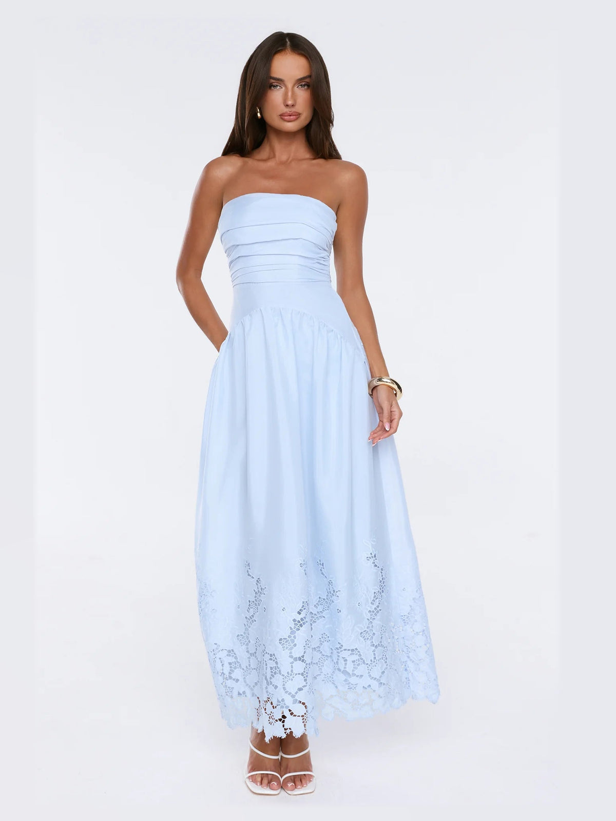 Blue formal dress with strapless neckline