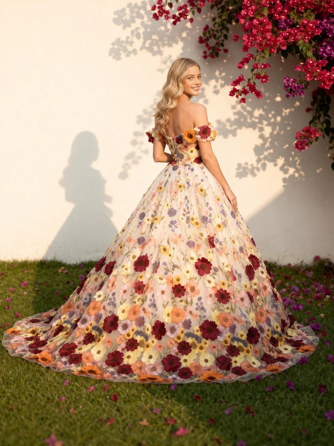 Ivory tulle A-line gown with sweetheart neckline, floral applique sleeves, full floral skirt