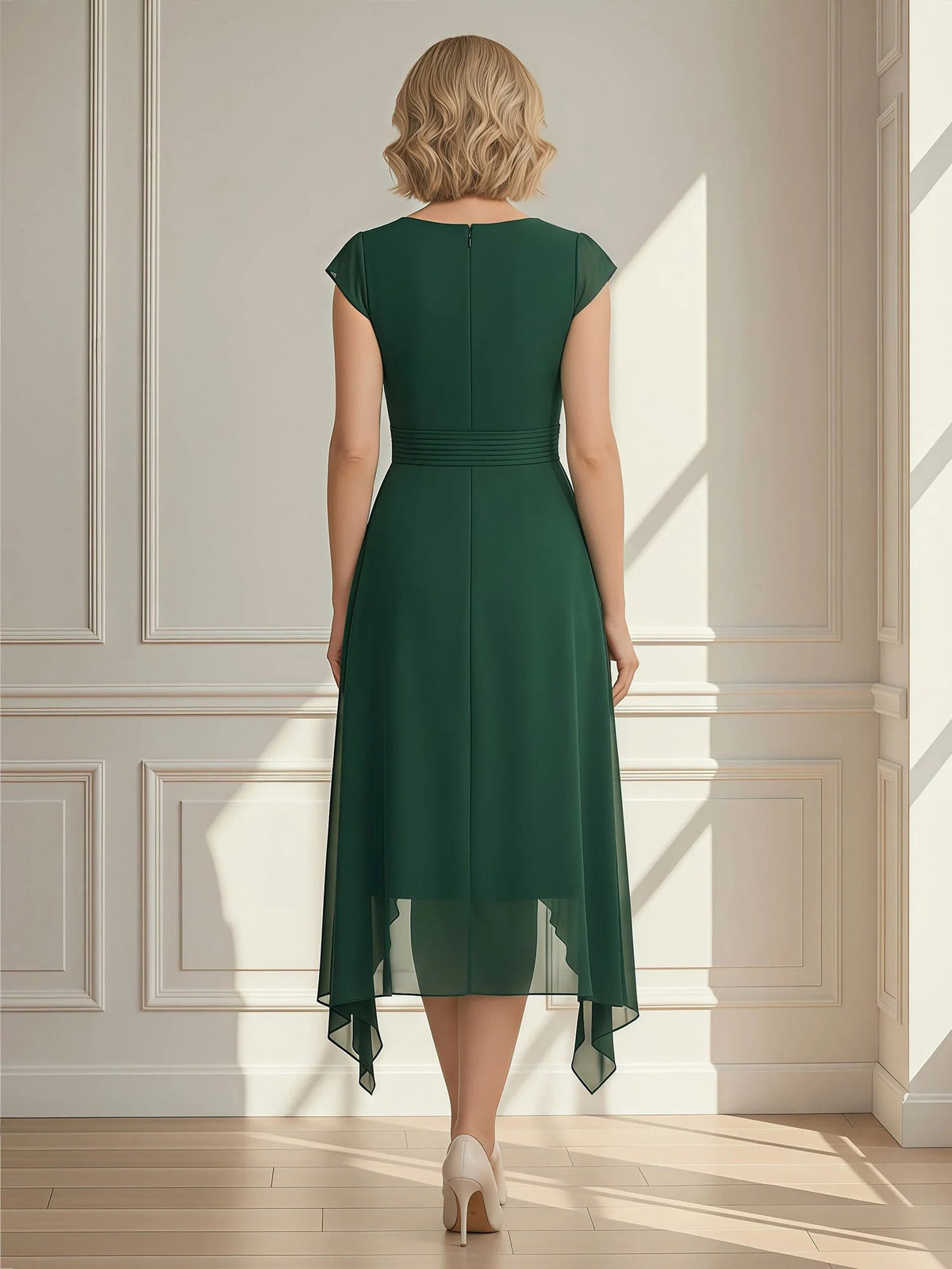 Dark green chiffon A-line dress, V-back, cap sleeves, draped high-low hem