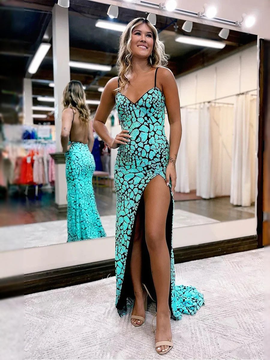 Turquoise patterned prom dress, spaghetti straps, high front slit, floor-length