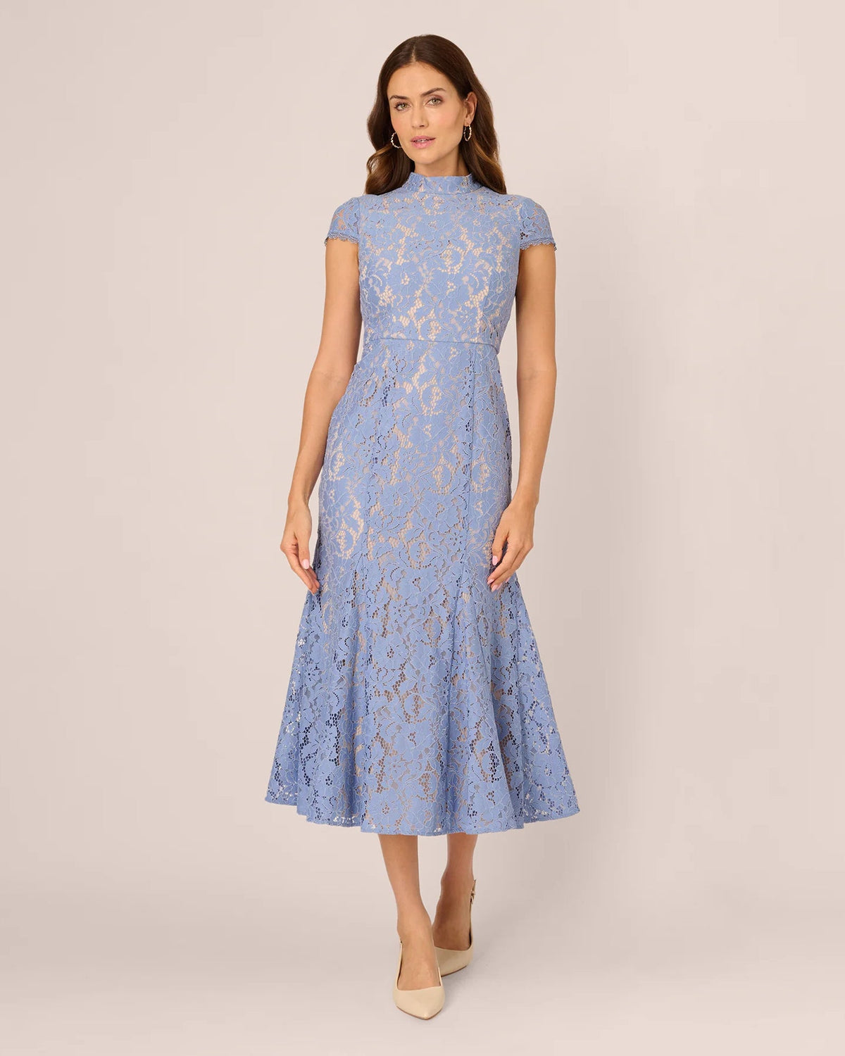 Blue lace cap-sleeve A-line midi dress with high neckline and allover floral pattern