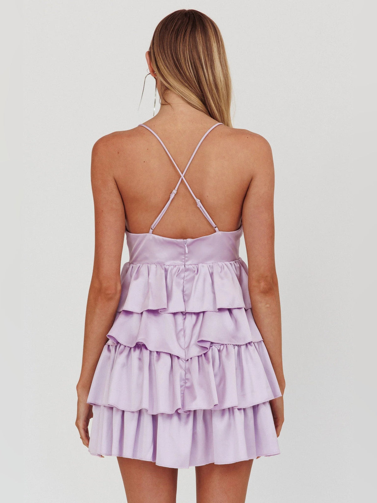 Lilac tiered ruffle mini dress, crisscross back spaghetti straps