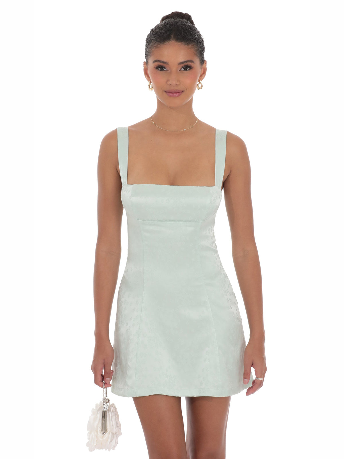 Mint green fitted mini dress with square neckline and thin shoulder straps