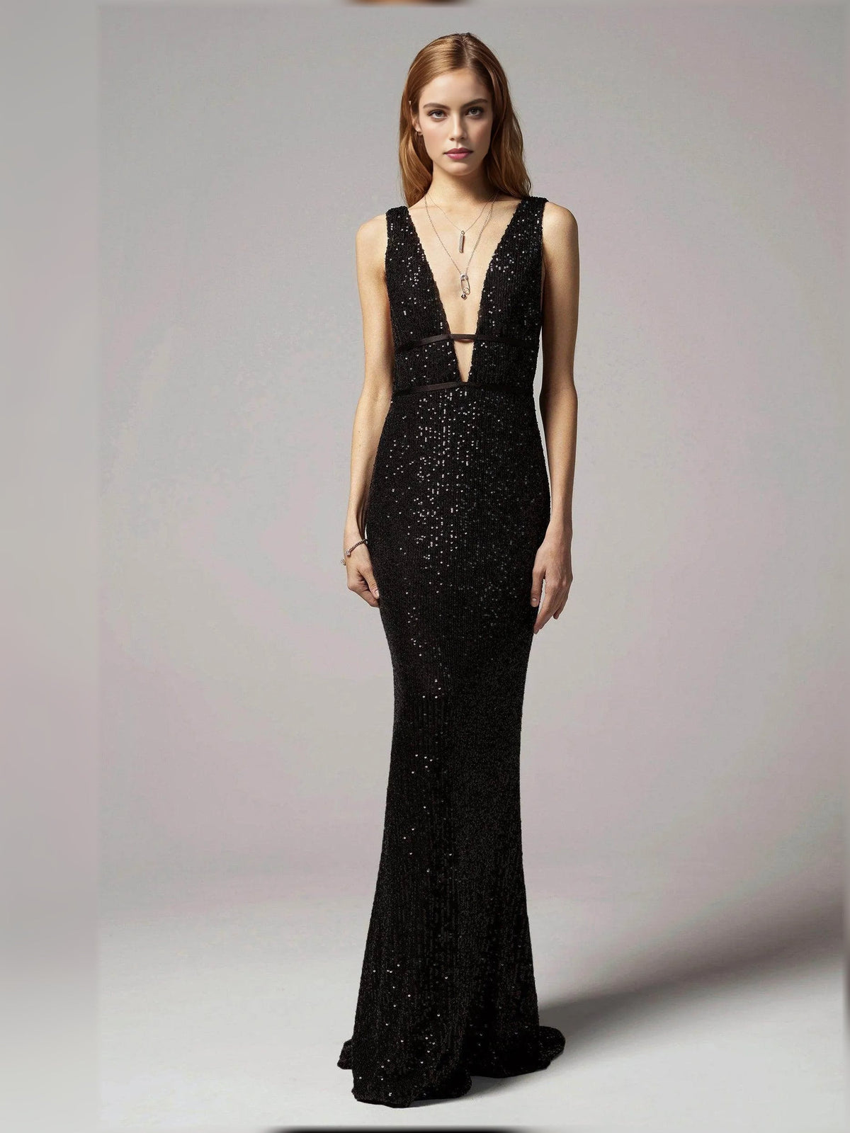 Black beaded open-back sheath floor-length formal dress, sleeveless with V neckline
