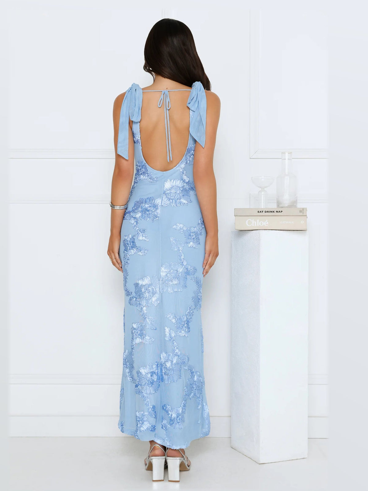 Blue maxi formal dress, back full-length view showing the bodice
