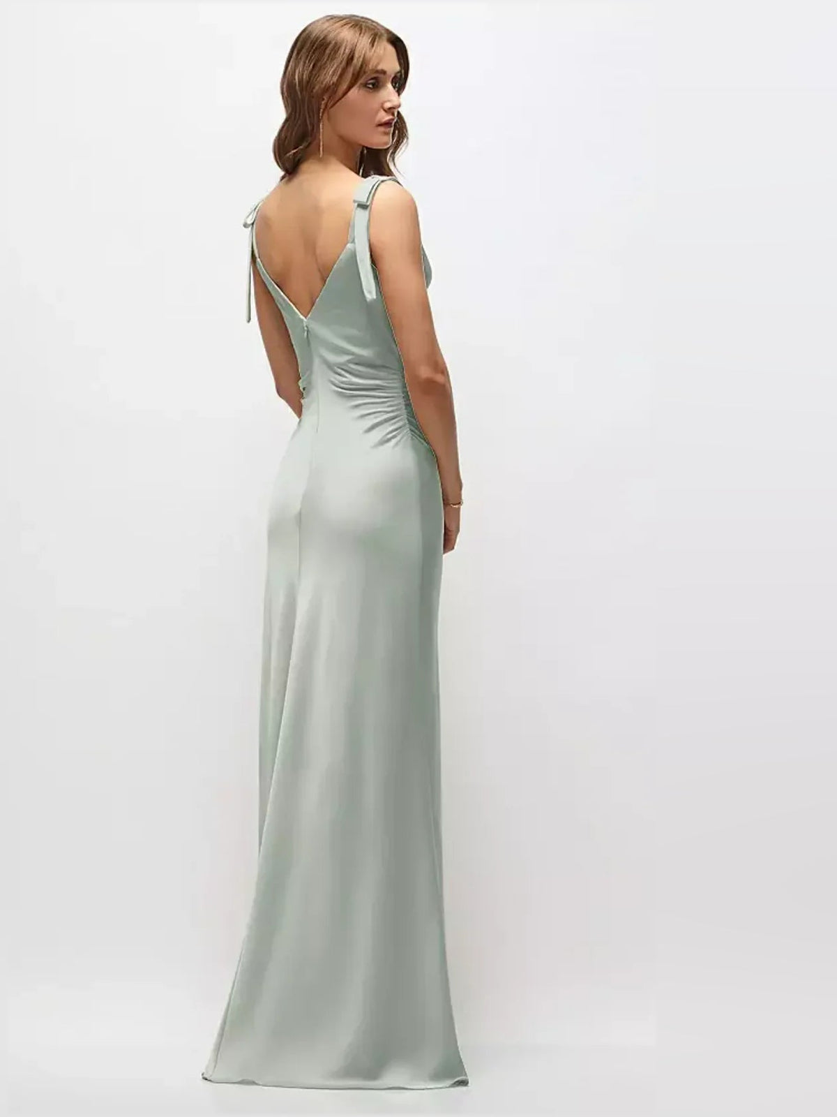 Ruched satin maxi dress with bow spaghetti straps, light blue, back view