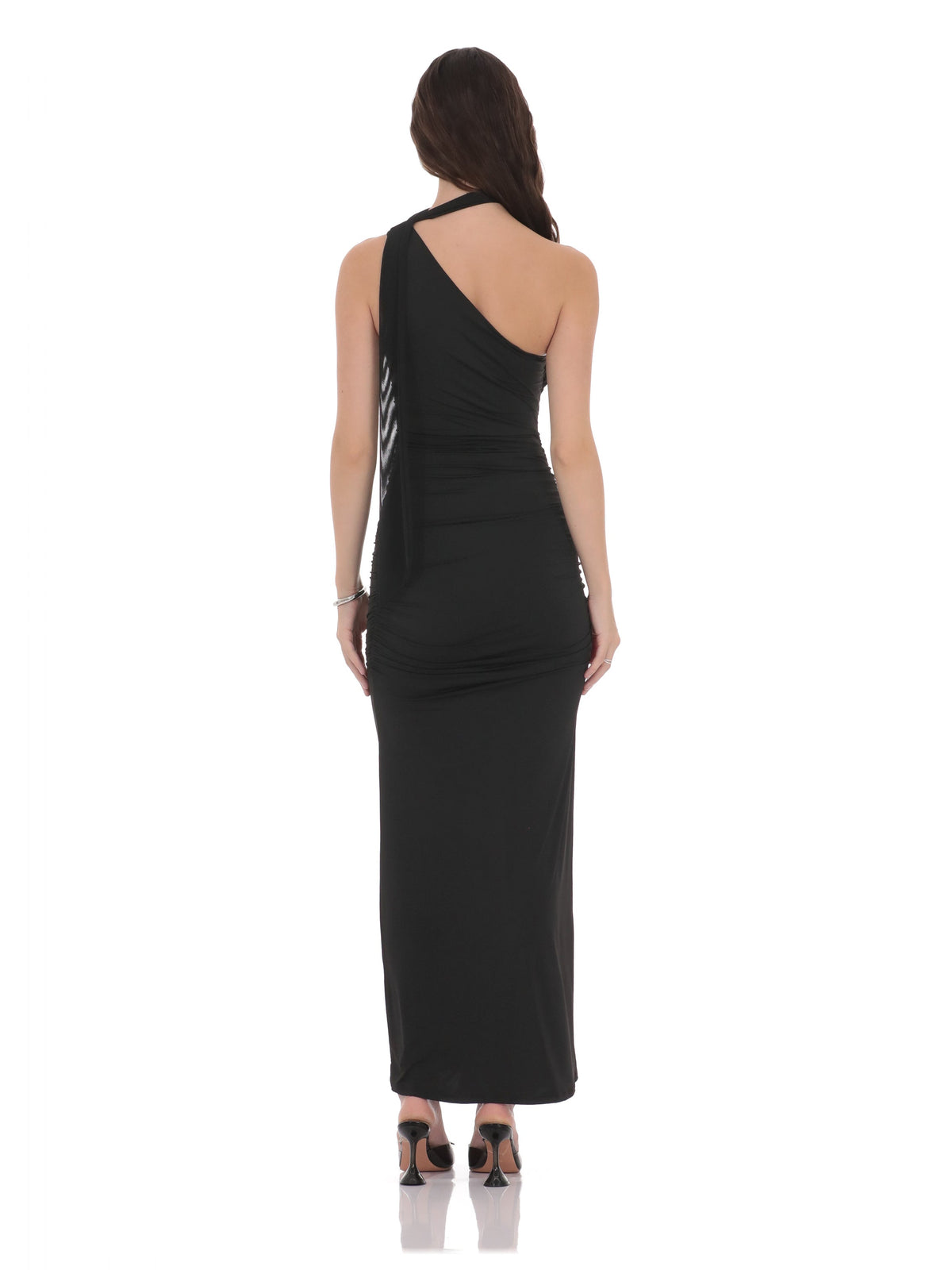 Black bridesmaid dress with one shoulder neckline
