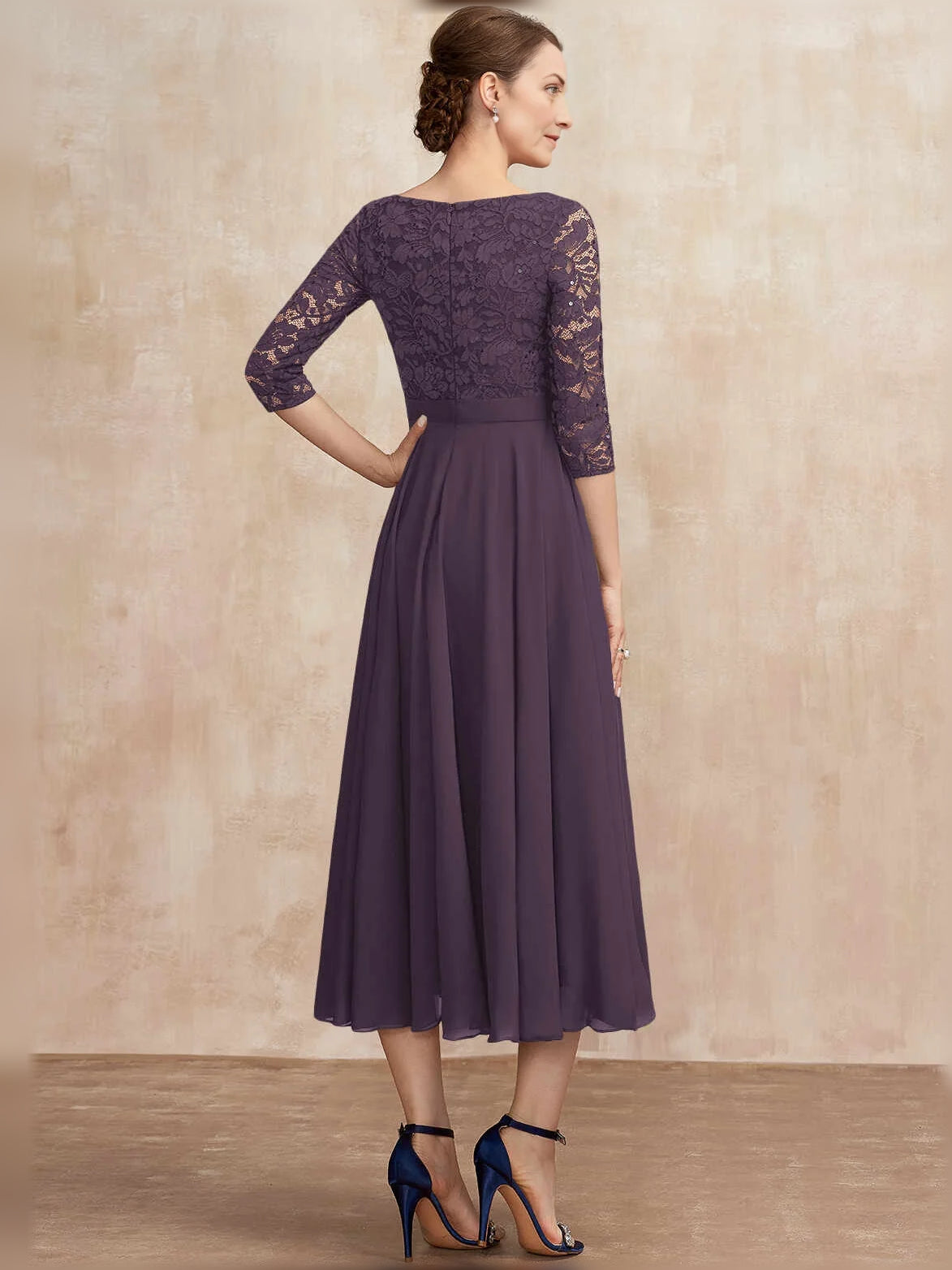 Dark purple midi A-line dress, bateau neckline, lace sleeves, pleated back drape