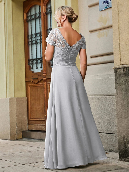 Silver A-line midi formal dress with short sleeves and lace back scoop neckline