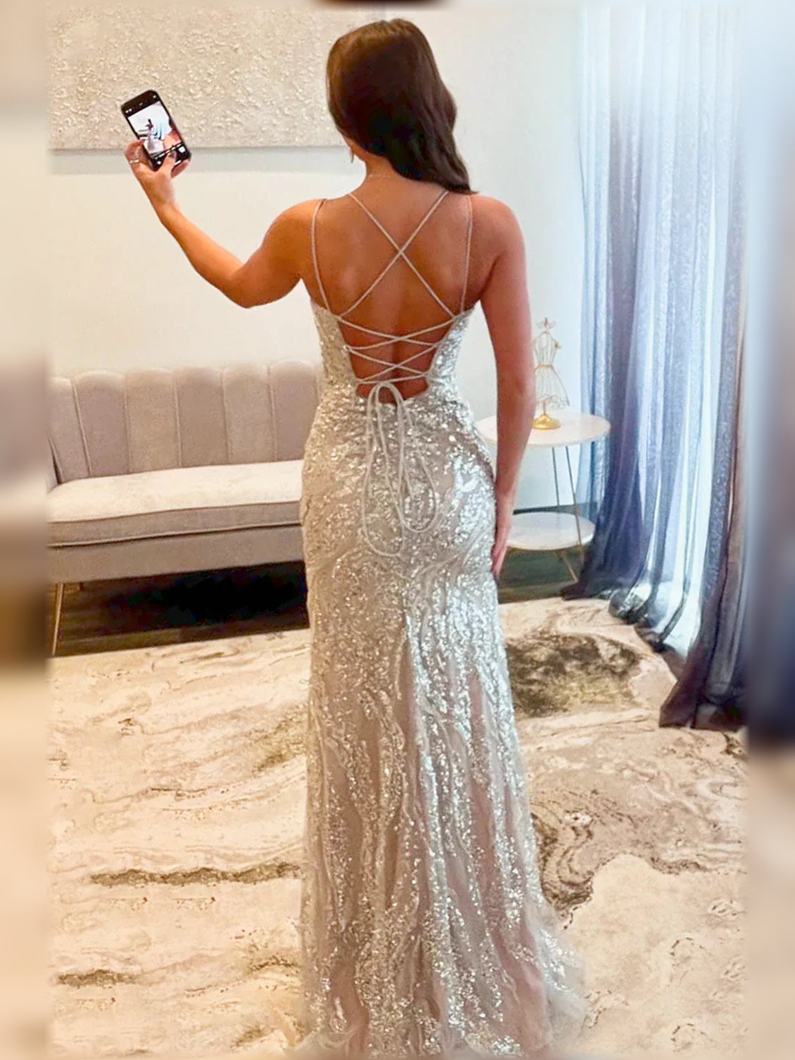 Silver beaded V-neck spaghetti-strap slit floor-length formal dress with open back