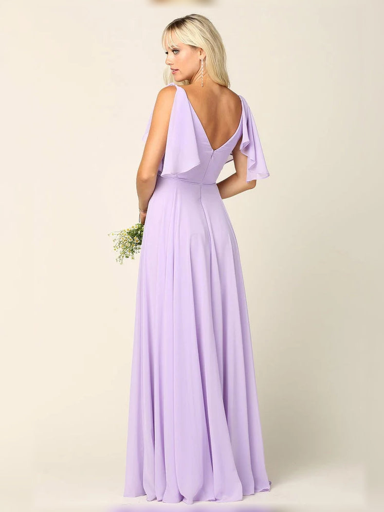Lilac chiffon maxi bridesmaid dress with V-back and A-line skirt, flutter sleeve detail