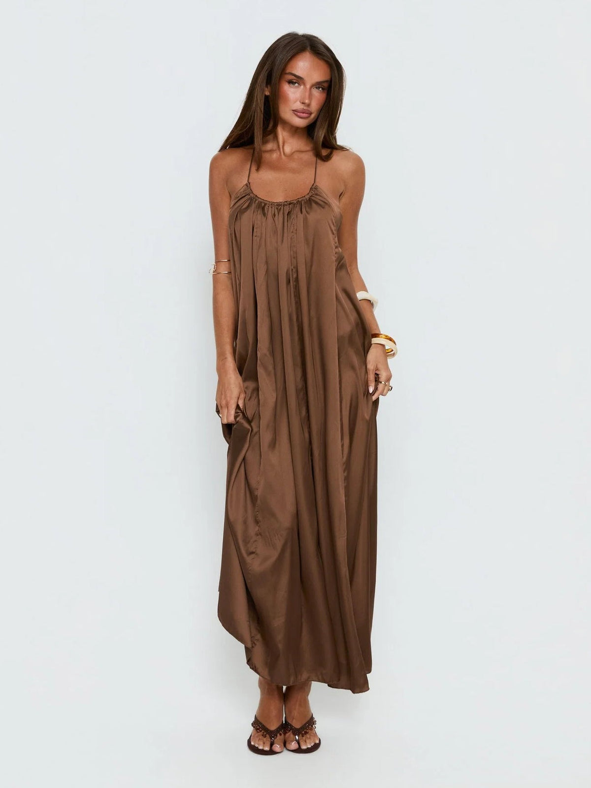Chocolate formal dress with a-line silhouette