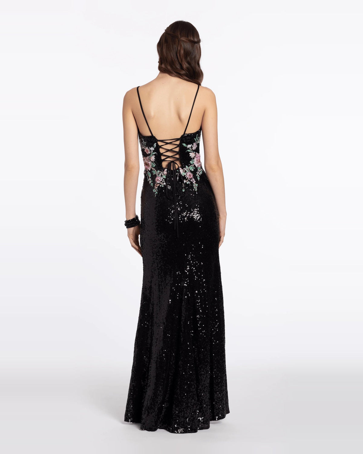 Black sequin column maxi dress with floral back and spaghetti straps