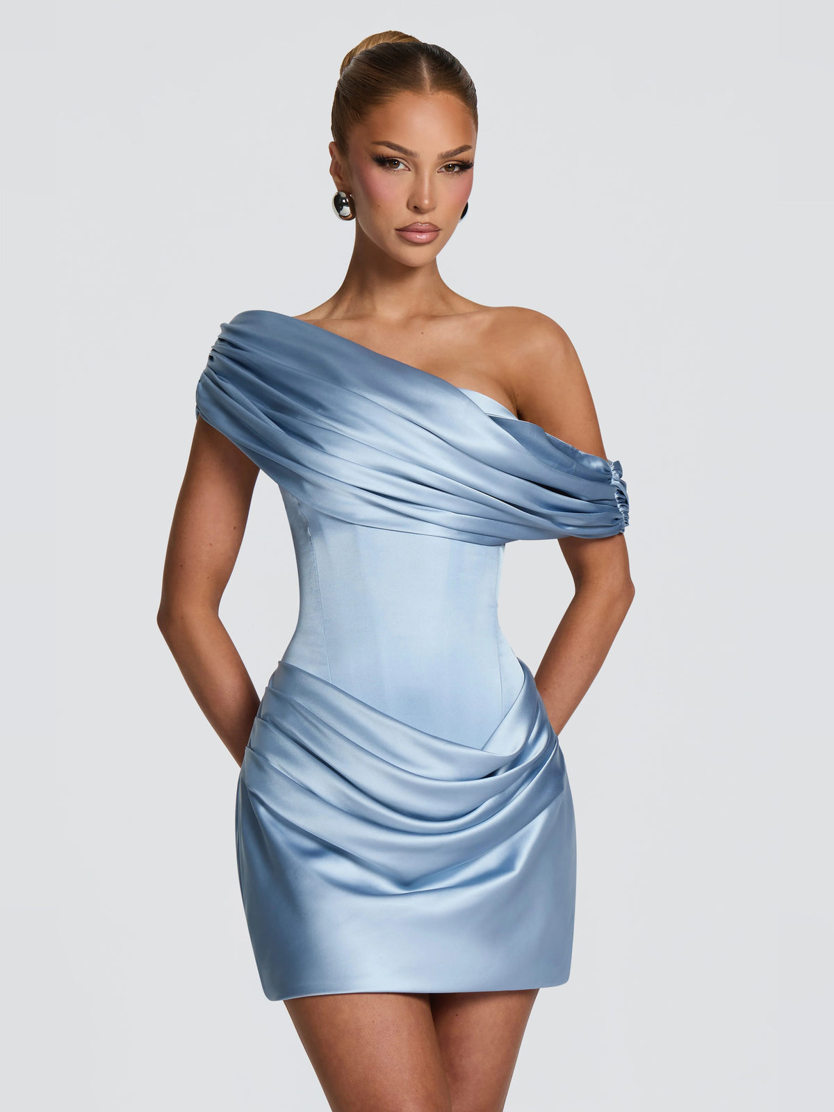 Blue satin one-shoulder mini homecoming dress with diagonal drape and pleated waist
