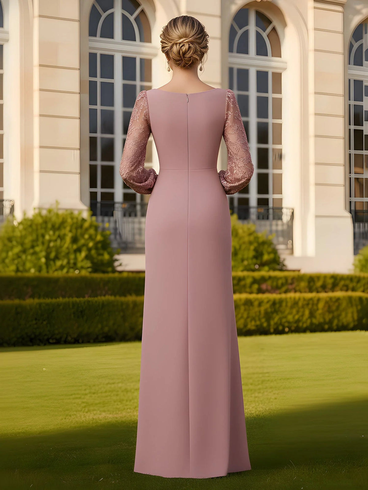 Dusty rose ruched mermaid dress back view with long lace sleeves